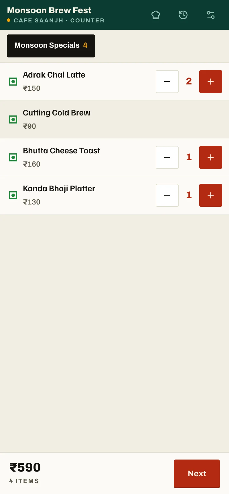 The ordering app in counter mode on an event menu, four dishes in the cart, 590 rupees.